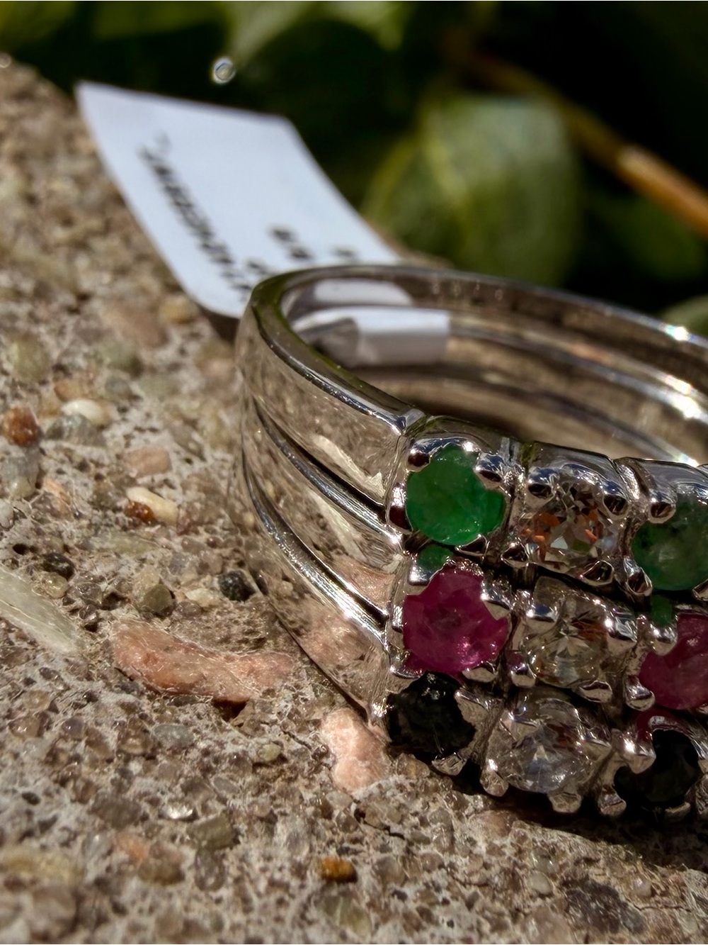 14K White Gold Over 925 Silver Multi Gemstone Ring Sapphire Emerald Ruby & Topaz - Picture 8 of 13